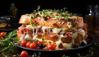 ai generiert Frische auf Teller Gourmet Mahlzeit, gesund Essen, hausgemacht Italienisch Sandwich generiert durch ai foto