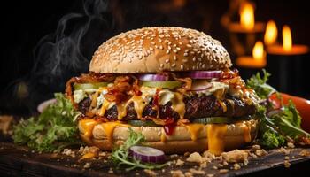 ai generiert gegrillt Rindfleisch Burger, Gourmet Mahlzeit, rustikal brot, schmelzen Käse generiert durch ai foto