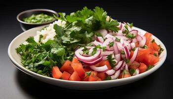 ai generiert frisch Gemüse Salat mit Tomate, Zwiebel, und Petersilie auf Teller generiert durch ai foto