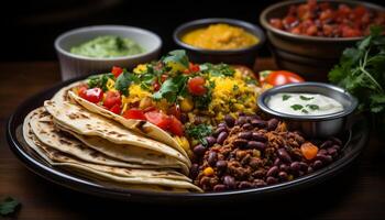 ai generiert ein frisch, gesund Taco Mahlzeit auf ein hölzern Teller generiert durch ai foto