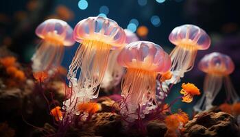 ai generiert unter Wasser Schönheit bunt Fisch schwimmen im ein glühend Koralle Riff generiert durch ai foto