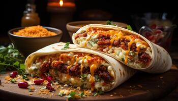 ai generiert Gourmet Mexikaner Taco Rindfleisch, Guacamole, Tomate, Koriander, und würzen generiert durch ai foto