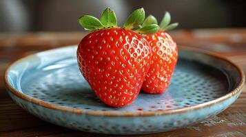 ai generiert frisch organisch Erdbeere Obst auf ein hölzern Tabelle foto