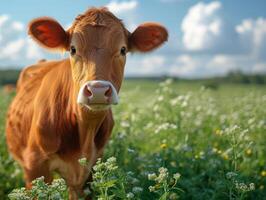 ai generiert jung braun Kalb ist Stehen im Grün Feld auf sonnig Tag. Kuh ist Stehen im ein Grün Feld im das Frühling foto