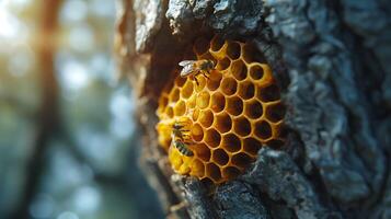 ai generiert ein Biene Nest Innerhalb ein groß Baum foto