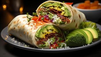 ai generiert Gourmet Mexikaner wickeln Sandwich mit gegrillt Rindfleisch und frisch Gemüse generiert durch ai foto