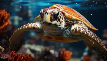 ai generiert ein schön Meer Schildkröte Schwimmen im das Blau Ozean generiert durch ai foto