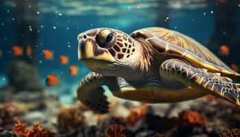 ai generiert ein schön Meer Schildkröte Schwimmen im das bunt Koralle Riff generiert durch ai foto