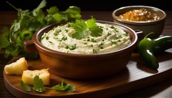 ai generiert Frische und gesund Essen auf ein hölzern Tabelle Vegetarier Mahlzeit generiert durch ai foto