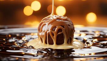 ai generiert hausgemacht dunkel Schokolade Dessert schmilzt auf Platte, nachsichtig Feier generiert durch ai foto