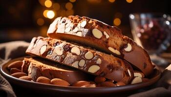 ai generiert ein Stapel von hausgemacht Schokolade Mandel Kekse auf rustikal Holz generiert durch ai foto