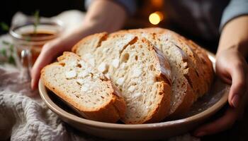 ai generiert frisch gebacken hausgemacht Brot auf hölzern Tisch, perfekt Mahlzeit generiert durch ai foto