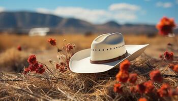 ai generiert ein heiter Wiese, ein Stroh Hut, und ein Cowboy Abenteuer generiert durch ai foto