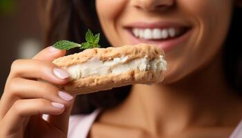 ai generiert jung Frau lächelnd, halten ein Scheibe von Schokolade Dessert generiert durch ai foto