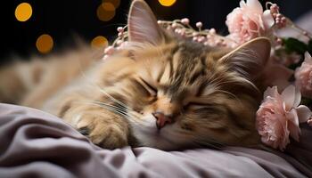 ai generiert süß Kätzchen Schlafen auf ein flauschige Rosa Kissen drinnen generiert durch ai foto