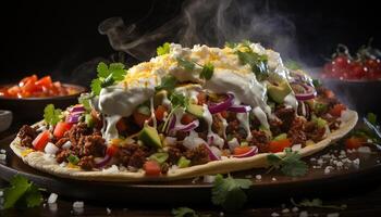 ai generiert gegrillt Rindfleisch Taco mit frisch Gemüse auf hölzern Teller generiert durch ai foto