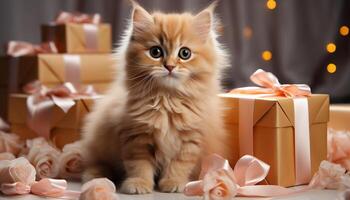 ai generiert ein süß Kätzchen Sitzung im ein Geschenk Kasten, suchen spielerisch generiert durch ai foto