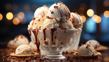 ai generiert nachsichtig Dessert Eis Sahne Eisbecher mit Schokolade, ausgepeitscht Creme, und Obst generiert durch ai foto