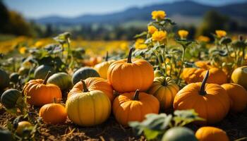 ai generiert Herbst Ernte Kürbis, Kürbis, und quetschen schmücken das Bauernhof generiert durch ai foto