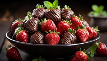ai generiert frisch Erdbeere Dessert auf hölzern Tisch, nachsichtig und gesund generiert durch ai foto