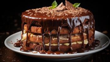 ai generiert frisch gebacken Schokolade Kuchen Scheibe auf ein hölzern Teller generiert durch ai foto
