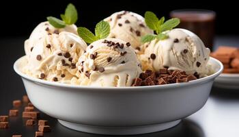ai generiert nachsichtig Eis Sahne Eisbecher mit Schokolade, Vanille, und Himbeere generiert durch ai foto