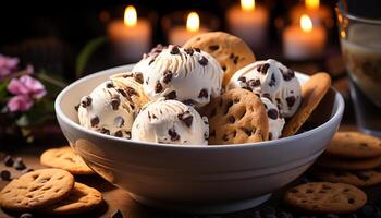 ai generiert nachsichtig hausgemacht Dessert Schokolade Chip Plätzchen mit dunkel Schokolade generiert durch ai foto