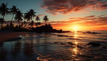 ai generiert Sonnenuntergang Über still Wasser, Natur Schönheit im ein tropisch Paradies generiert durch ai foto