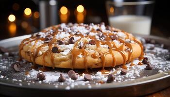 ai generiert hausgemacht Gourmet Dessert Süss Pfannkuchen mit Schokolade Glasur und Obst generiert durch ai foto