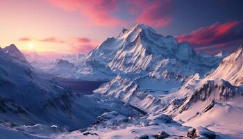 ai generiert majestätisch Berg Gipfel, Schnee bedeckt Landschaft, still Sonnenuntergang, extrem Terrain generiert durch ai foto