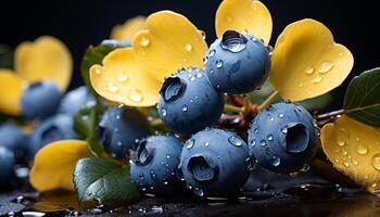 ai generiert frisch Blaubeere fallen spiegelt Natur nass, saftig, gesund Essen Freude generiert durch ai foto