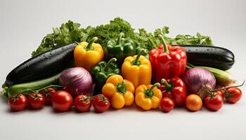 ai generiert frisch, gesund Gemüse Tomate, Glocke Pfeffer, Zwiebel, Gurke, Knoblauch generiert durch ai foto