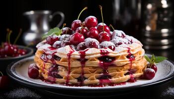 ai generiert frisch Obst Dessert auf hölzern Teller Himbeere, Erdbeere, Blaubeere, hausgemacht Pfannkuchen generiert durch ai foto