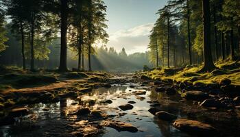 ai generiert still Szene Herbst Wald spiegelt auf Ruhe Berg Teich generiert durch ai foto