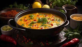 ai generiert ein gesund Vegetarier Mahlzeit frisch Gemüse Suppe gekocht mit Gewürze generiert durch ai foto