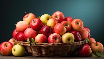 ai generiert frisch, reif, saftig Äpfel im ein beschwingt, gesund, Herbst Ernte Korb generiert durch ai foto