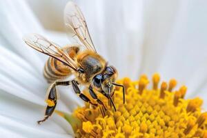 ai generiert Biene bestäubend ein beschwingt Gänseblümchen foto