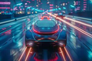 ai generiert futuristisch Fahrzeug auf Neon- zündete Autobahn foto