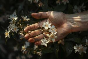 ai generiert Hand halten zart Jasmin Blumen foto