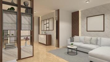 modern Leben Zimmer Design mit komfortabel Sofa und Teiler Teilung, 3d Illustration foto