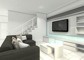 Innere Leben Zimmer mit Sofa, Kaffee Tabelle und Fernseher Kabinett, 3d Illustration foto