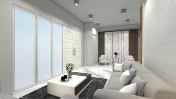 Leben Zimmer Design mit warten Sitz Empfangshalle und Fenster Ansichten, 3d Illustration foto