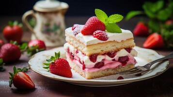 ai generiert Illustration von ein Erdbeere Kuchen mit Sahne auf ein Teller mit Erdbeeren auf es foto