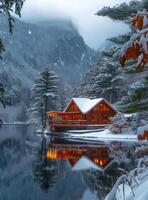 ai generiert Kabine ist bedeckt im Schnee und umgeben durch Bäume und Berge. Schnee bedeckt Kabine in der Nähe von ein See foto