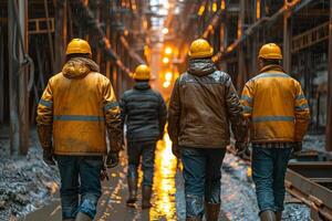 ai generiert Arbeitskräfte im Gelb Uniform Gehen durch das Bergwerk foto