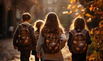 ai generiert sechs Kinder Gehen durch das Straße Tragen Rucksack. ein Gruppe von Kinder, tragen Rucksäcke, Gehen Nieder ein Pfad zusammen. foto