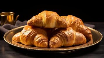 ai generiert ein Teller von frisch gebacken Croissants mit ein golden Außen foto