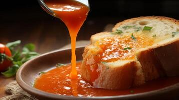 ai generiert ein Stück von Brot Herstellung ein befriedigend Spritzen im Tomate Suppe foto