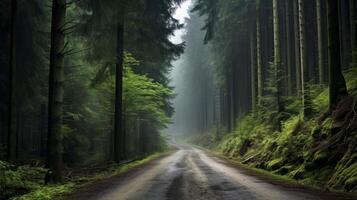 ai generiert ein Straße durch ein neblig, mystisch Wald foto