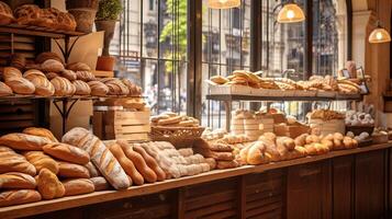 ai generiert ein traditionell Französisch Bäckerei gefüllt mit frisch gebacken Gebäck und Brot foto